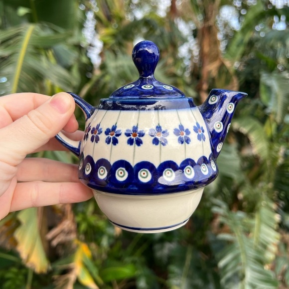 Polish Pottery Mini Teapot - Bolesławiec, Hand-Painted Blue Floral, 3” - Picture 2 of 9